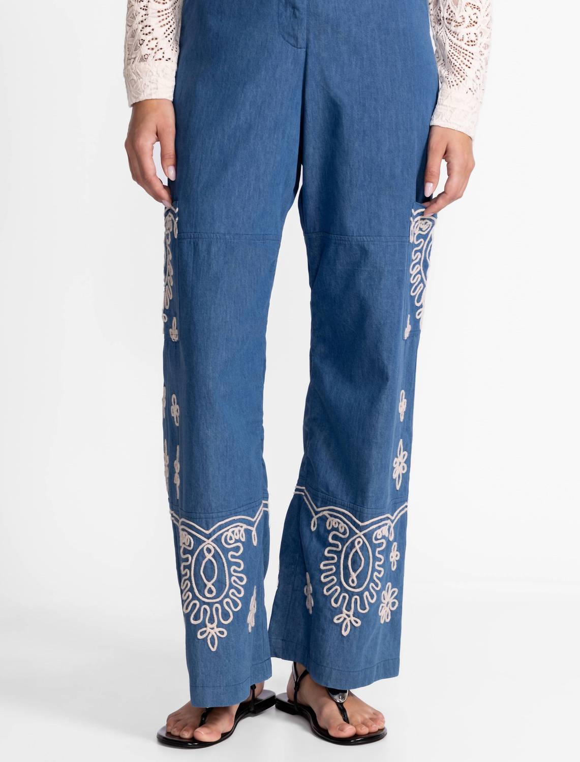 Johnny Was SOUTACHE CARGO PANT in denim indigo - women's pants - detail view