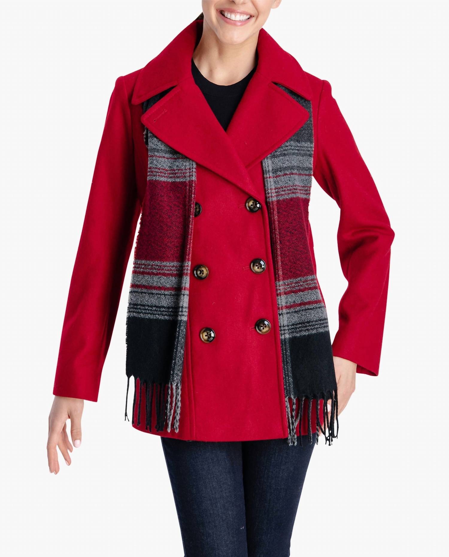 London Fog - Double Breasted Peacoat With Scarf