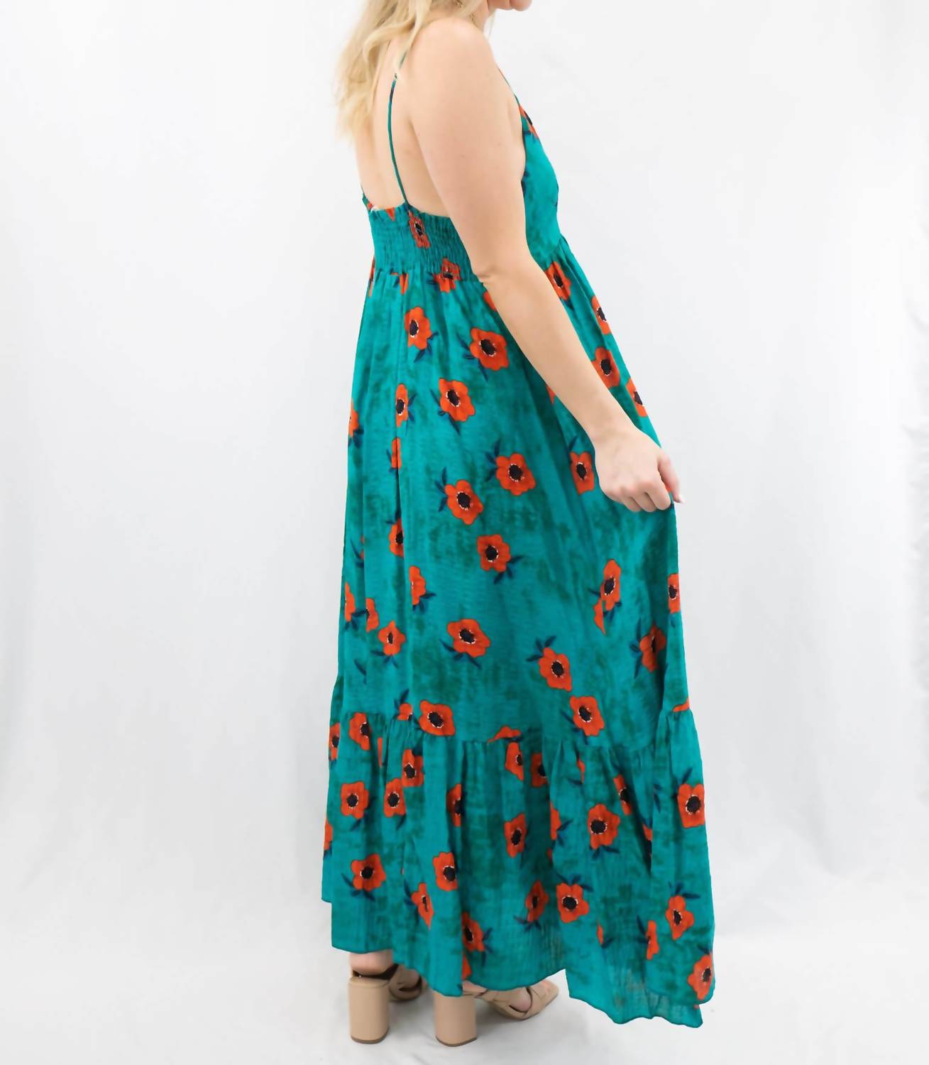 BUCKETLIST Ruffle Maxi Dress in flower green - women's dress - detail view