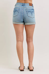 Judy Blue High Waist Tummy Control Slim Denim Short in blue - women's shorts - detail view