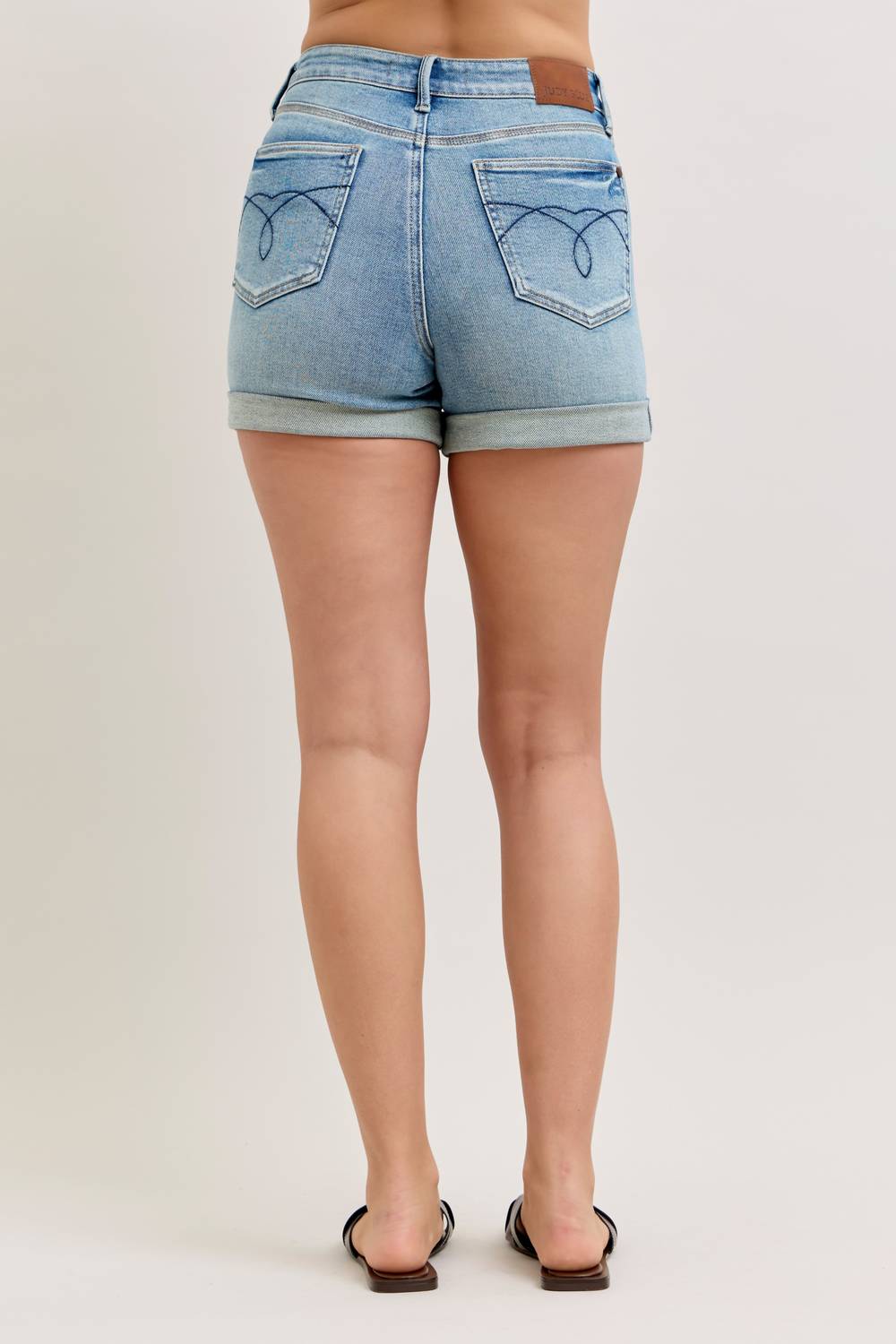 Judy Blue High Waist Tummy Control Slim Denim Short in blue - women's shorts - detail view
