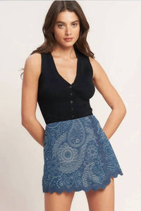 Flying Tomato - Boho Paisley Scallop Denim Skort