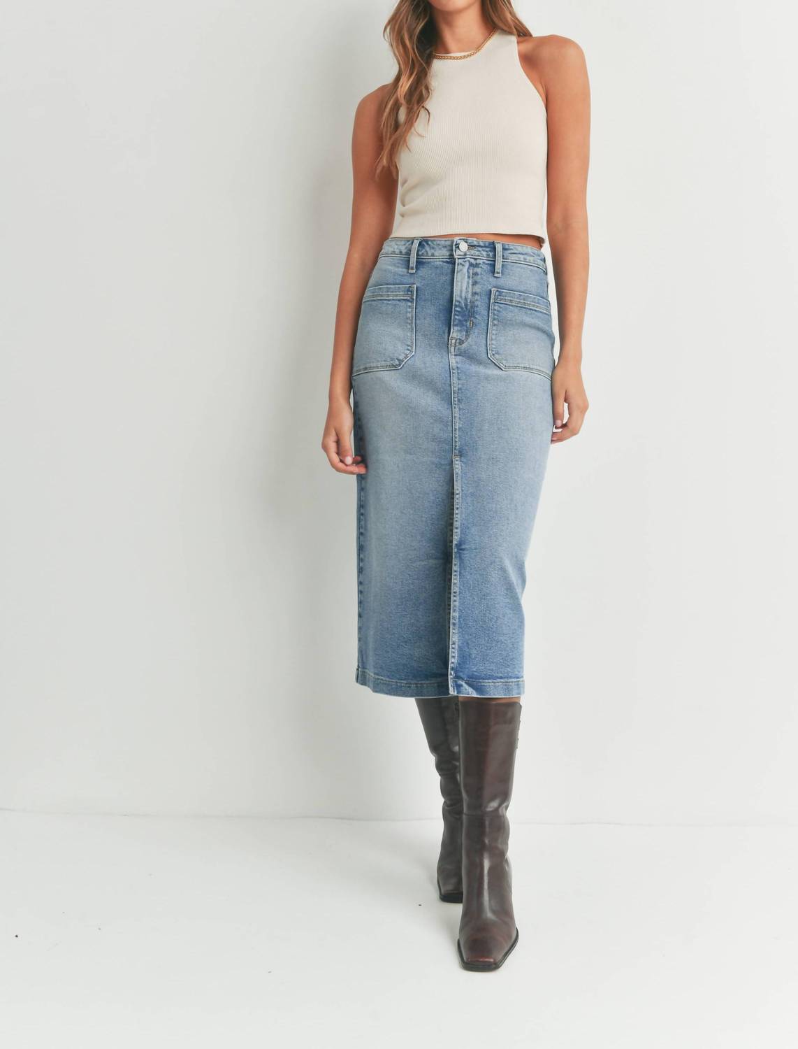 Just Black Denim - Utility Pocket Midi Skirt