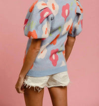 Bibi - Floral Pattern Puff Sleeves V-neck Sweater