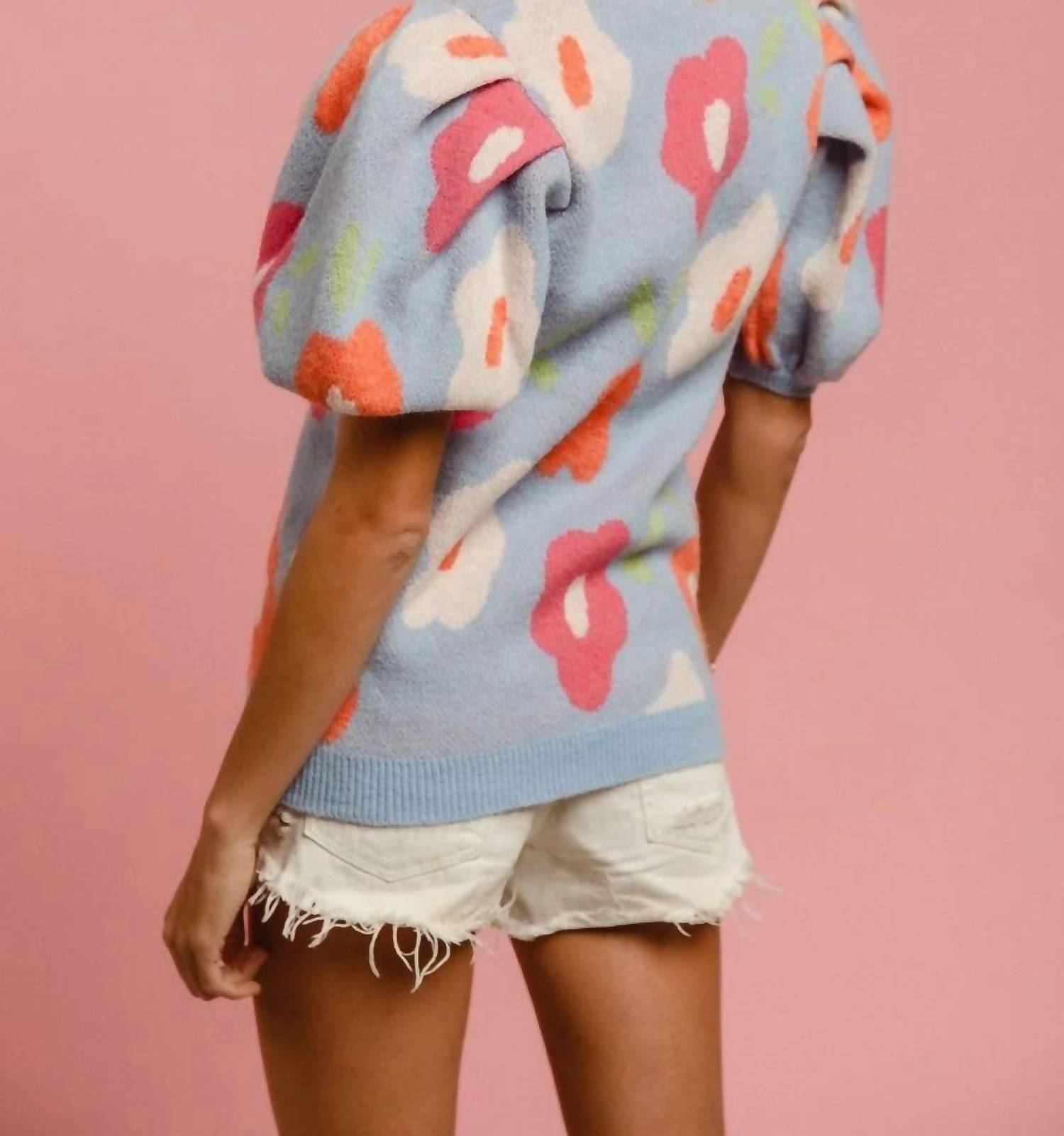 Bibi - Floral Pattern Puff Sleeves V-neck Sweater
