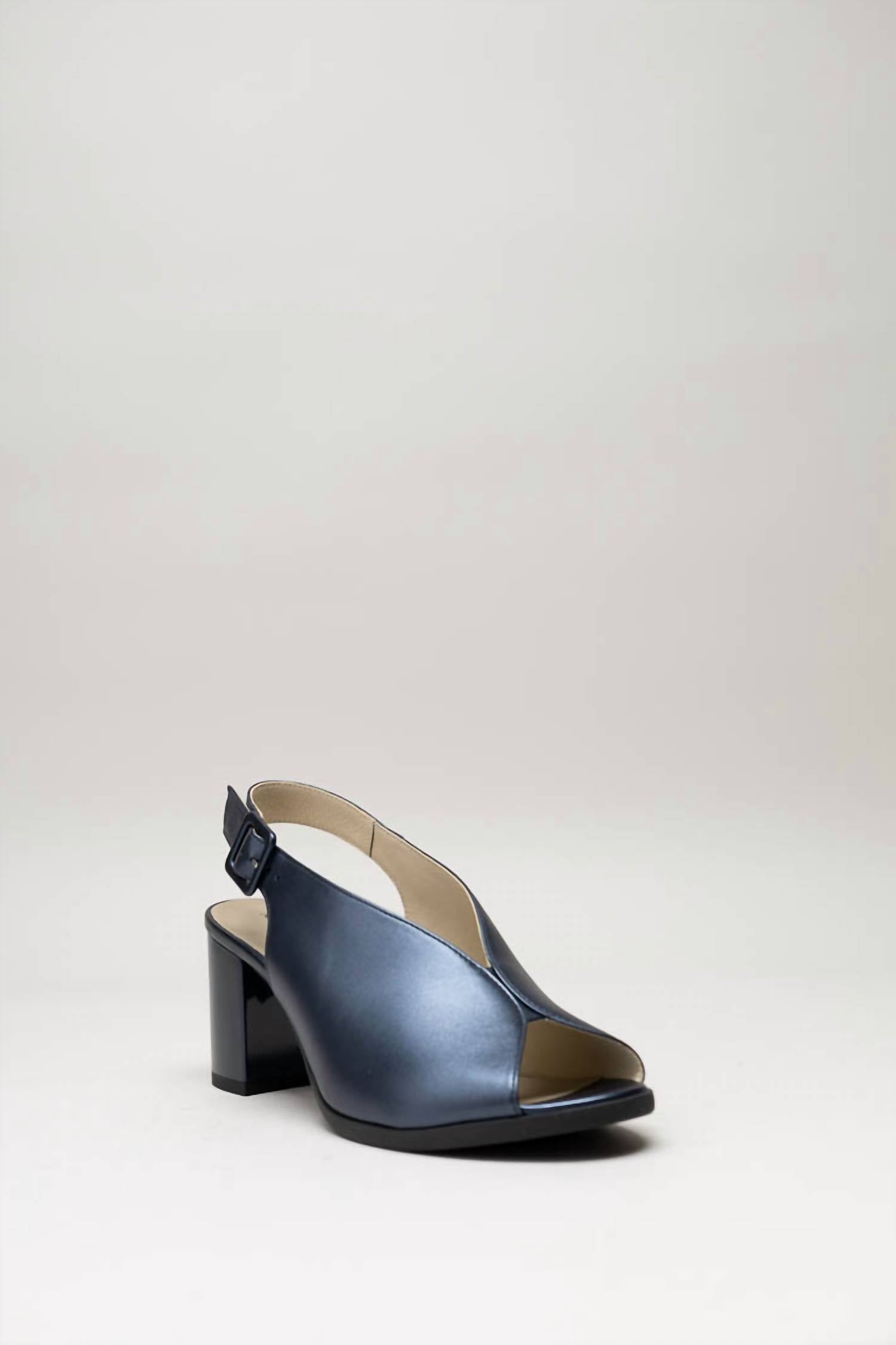 NeroGiardini Women's Metallic Peep Toe Mule in oceano - women's shoe - detail view