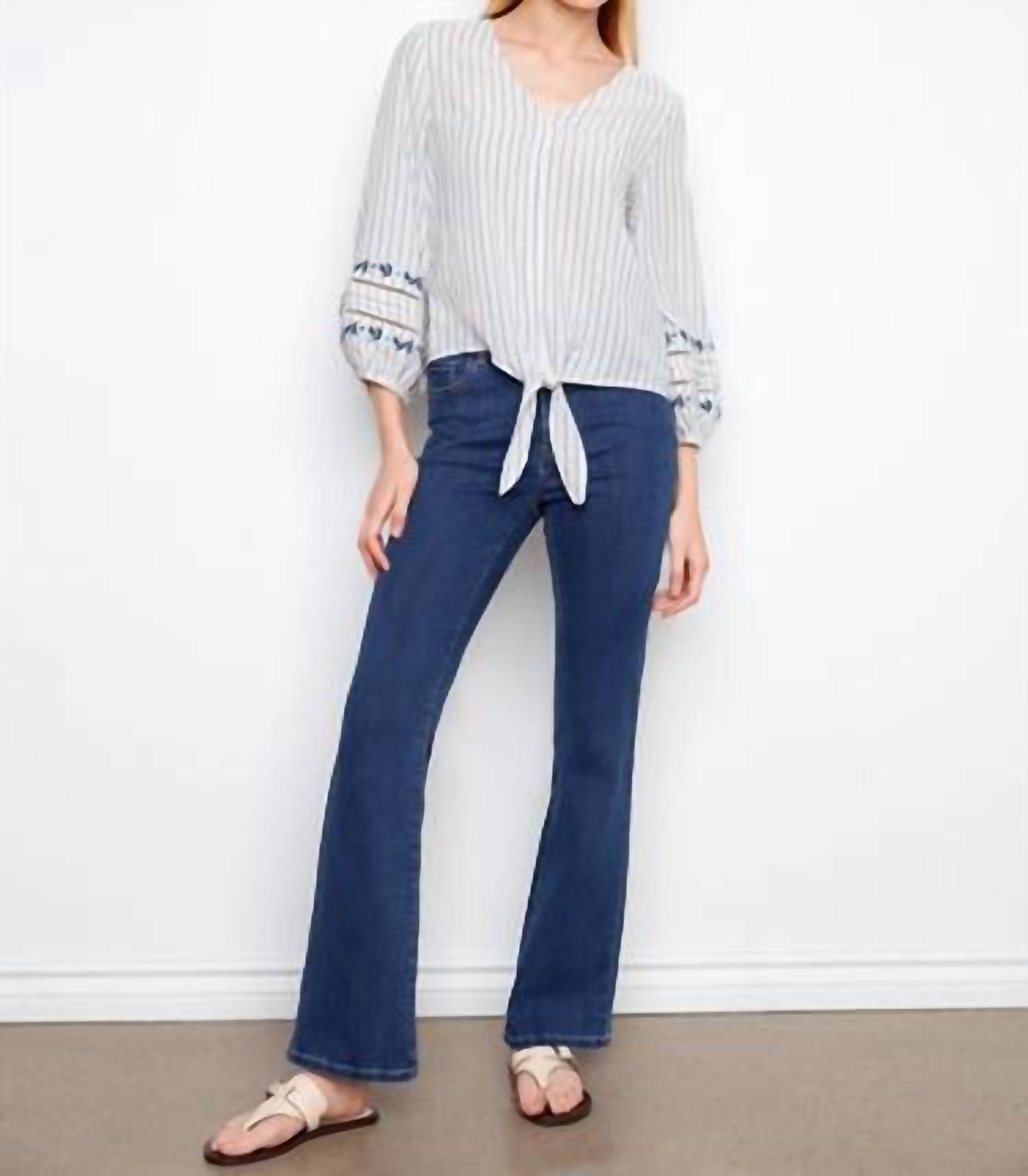 Charlie B - Striped Embroidered Sleeves Cotton Blouse