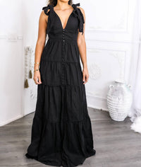 Surelymine - Tiered Maxi Dress Tie Shoulder Button Front Slit
