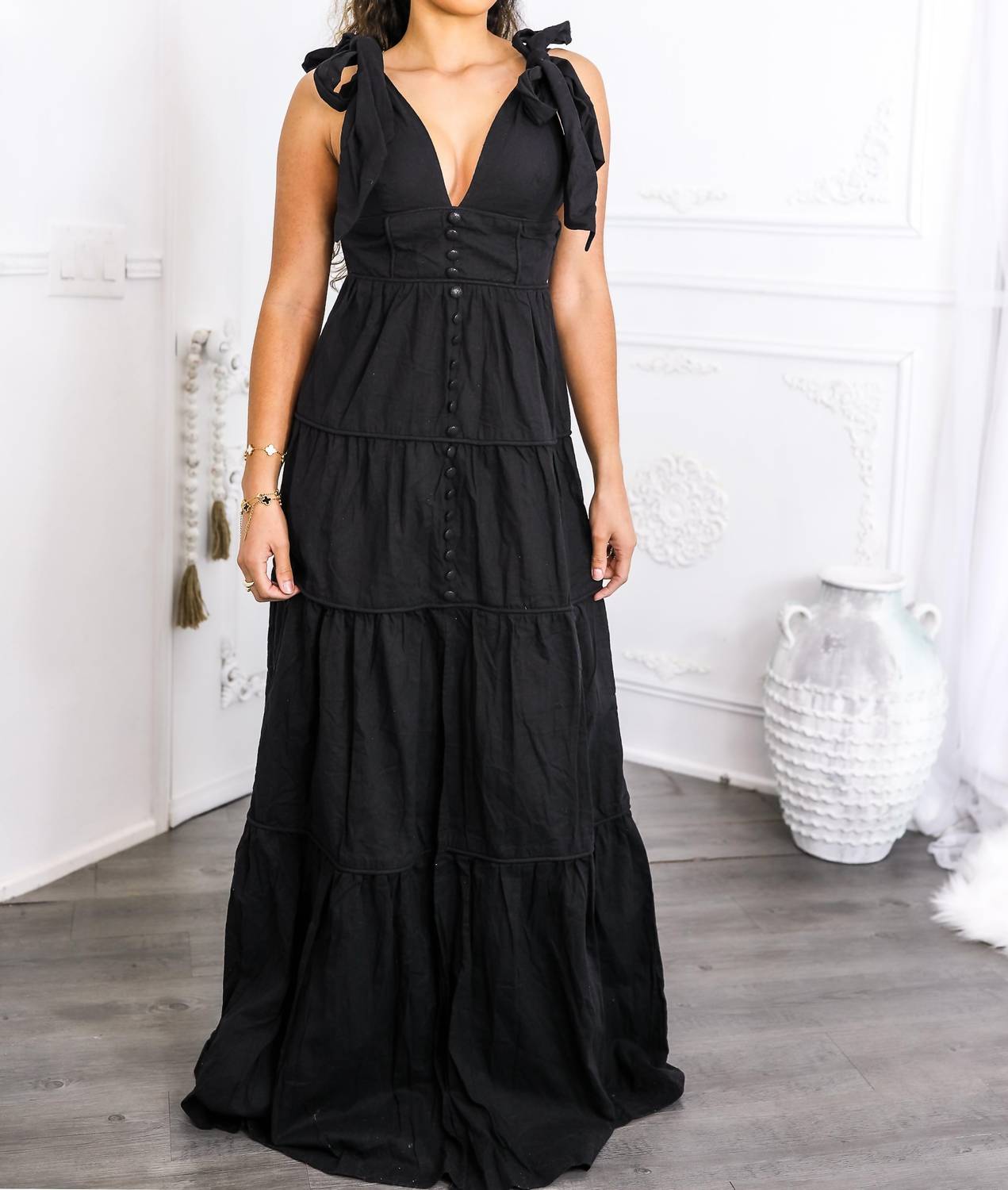 Surelymine - Tiered Maxi Dress Tie Shoulder Button Front Slit