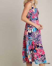 Umgee - Tropical Print Smocked Tiered A-line Dress