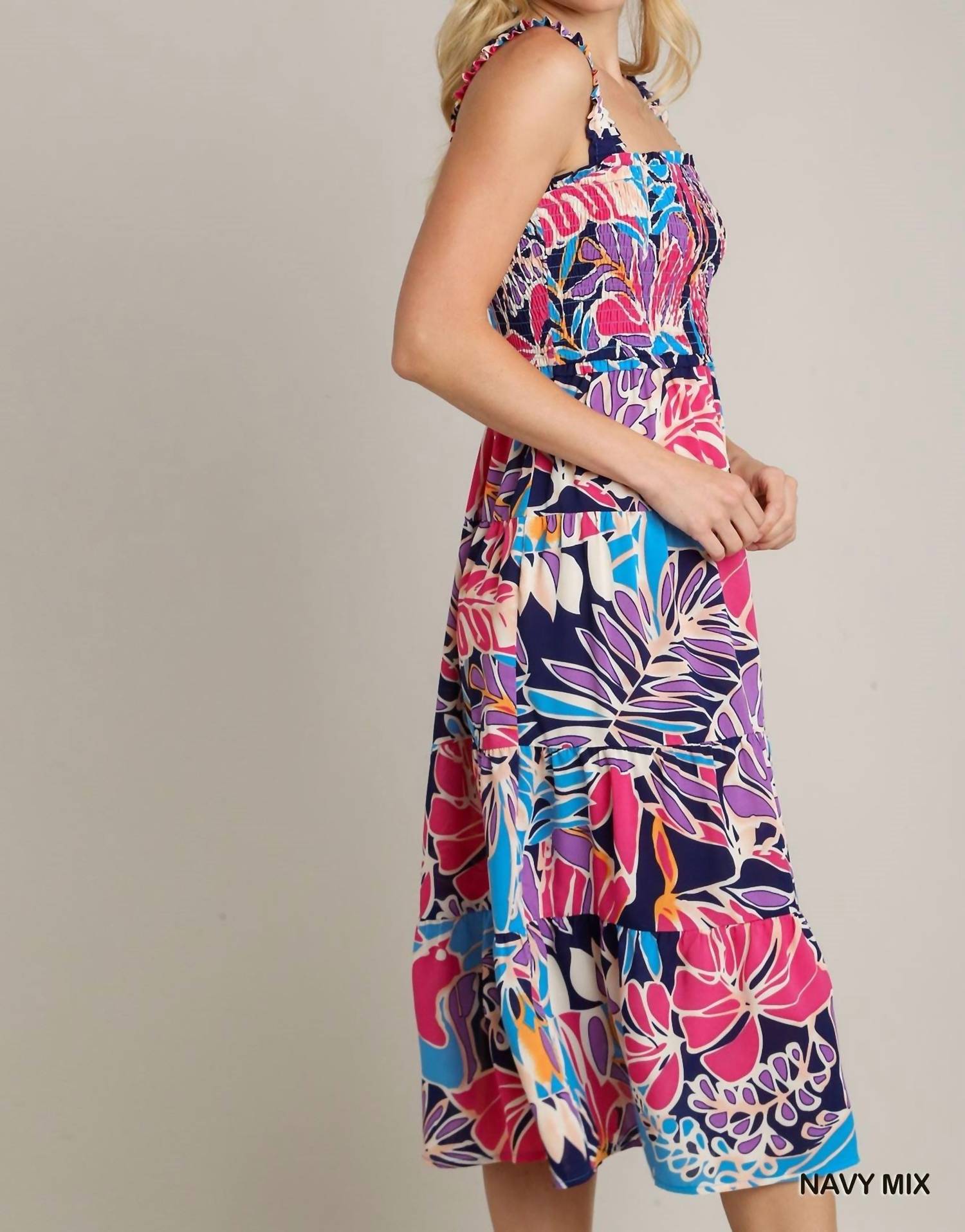 Umgee - Tropical Print Smocked Tiered A-line Dress