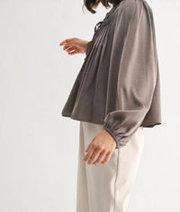 Fun 2 Fun Pin Tuck Front Tie Blouse in dark taupe - women's blouse - view 4
