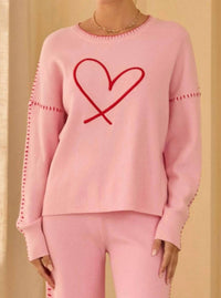 Skies Are Blue - Heart Embroidered Sweater With Blanket Stitch
