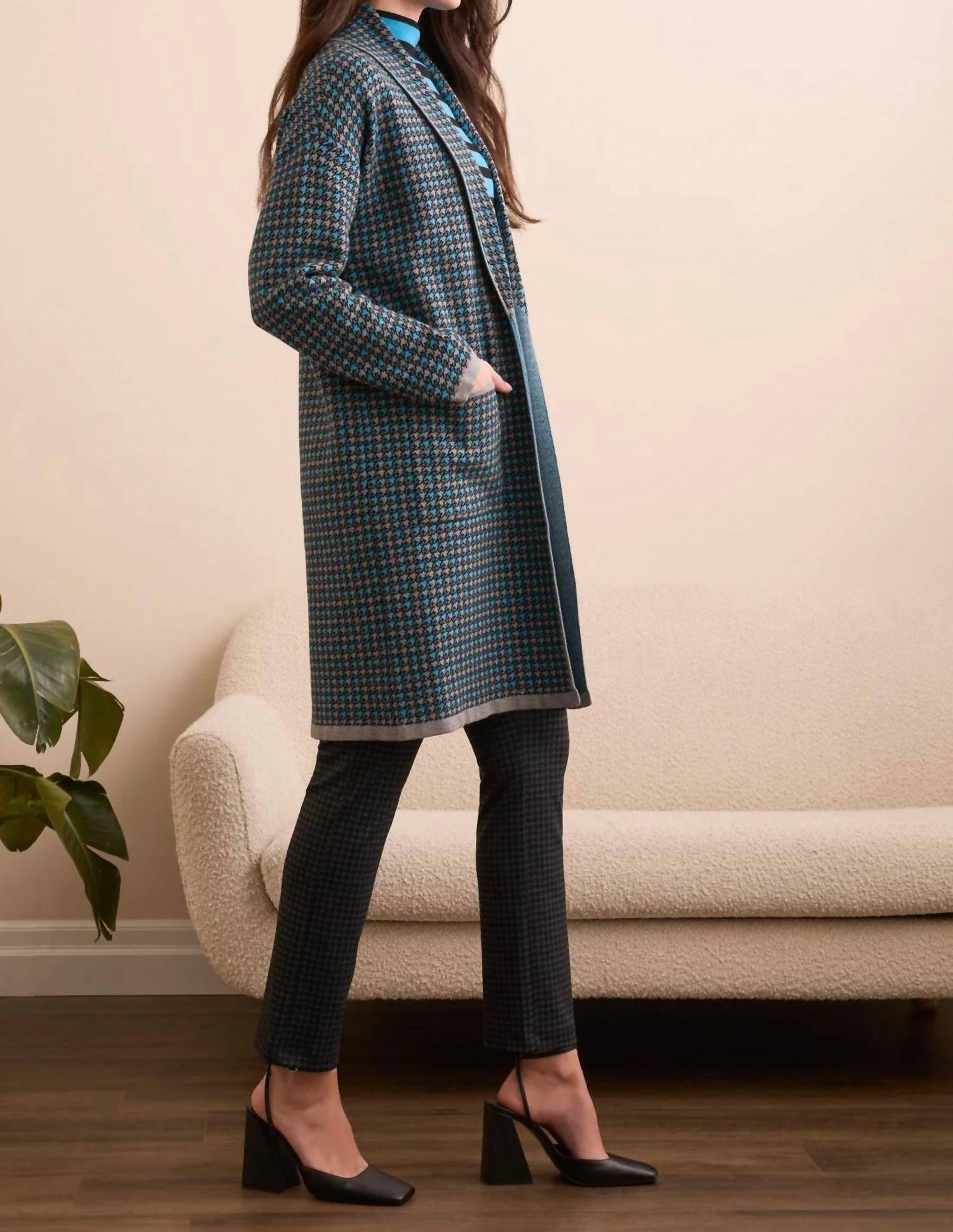 TRIBAL Double Knit Long Plaid Coatigan in charcoal - women's jacket - alternate view