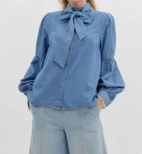 Entro - Bow Tie Blouse with Ruched Long Sleeves