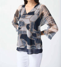 Joseph Ribkoff - Geometric Print Mesh Overlay V-neck Top