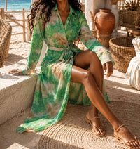 Surelymine - Sheer Floral Print Long Sleeve Wrap Maxi Dress