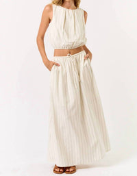 Lalavon - Stripe Cropped Bubble Top & Maxi Skirt Set