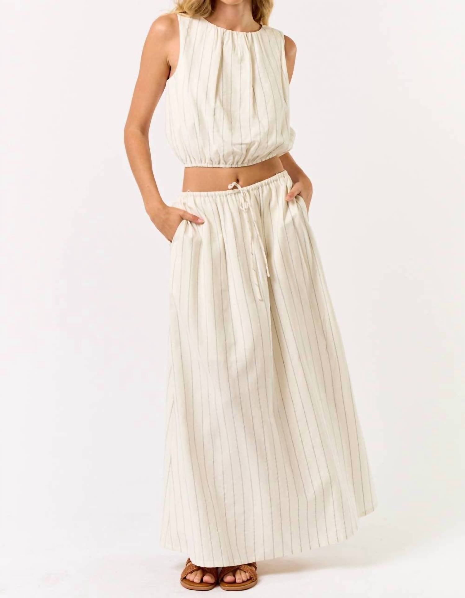 Lalavon - Stripe Cropped Bubble Top & Maxi Skirt Set