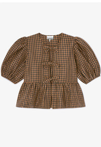 GANNI Women's Crinkled taffeta check peplum blouse in tobacco 1 - women's t-shirt