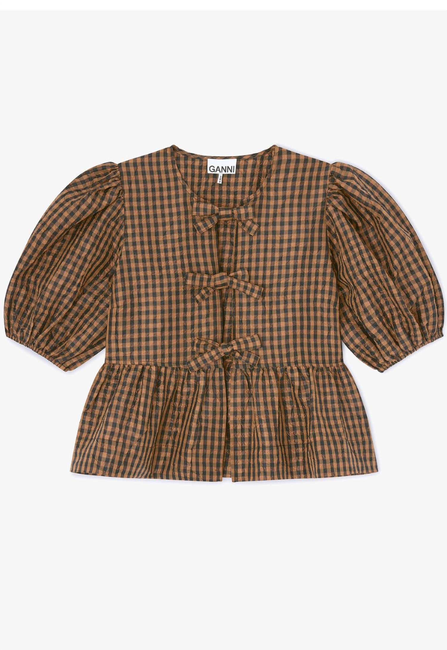 GANNI Women's Crinkled taffeta check peplum blouse in tobacco 1 - women's t-shirt