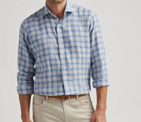 PETER MILLAR Ravello Linen Plaid Shirt in angelite - men's shirt