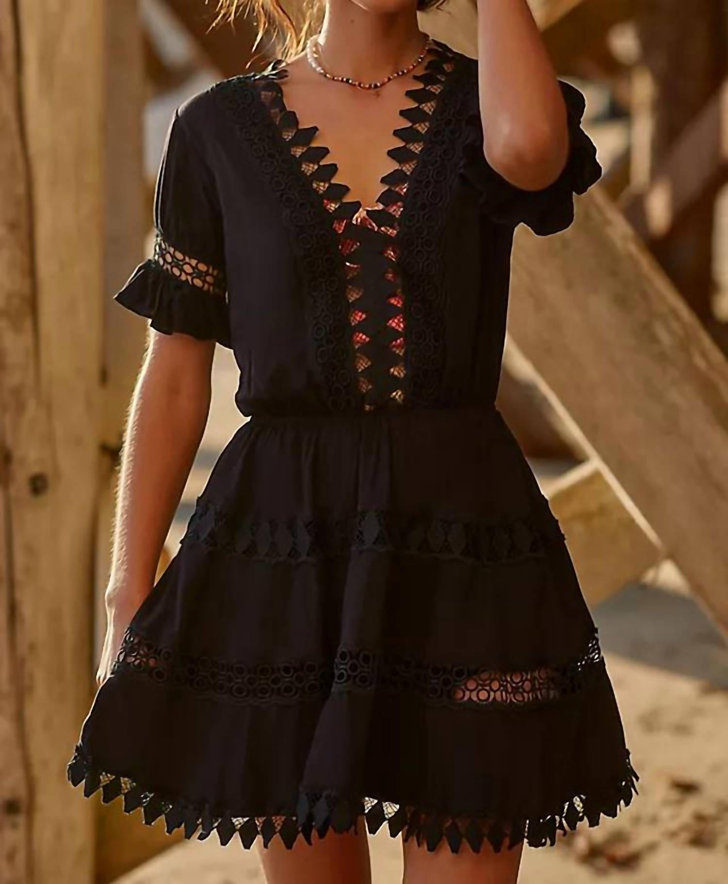 peixoto Embroidered Lace Cover-up Mini Dress in black - women's dress