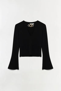 SIMKHAI Evren Wool Long Sleeve Top in black - women's blouse - alternate view