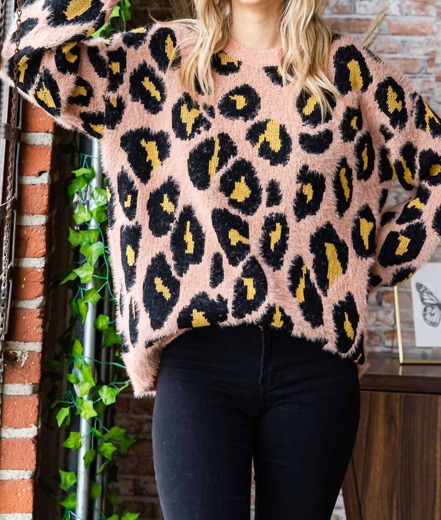 Cotton Bleu - Leopard Print Round Neck Sweater