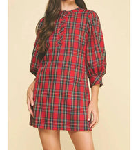 PINCH Andrea Holiday Buttoned Puff Sleeve Mini Dress in red plaid - women's dress