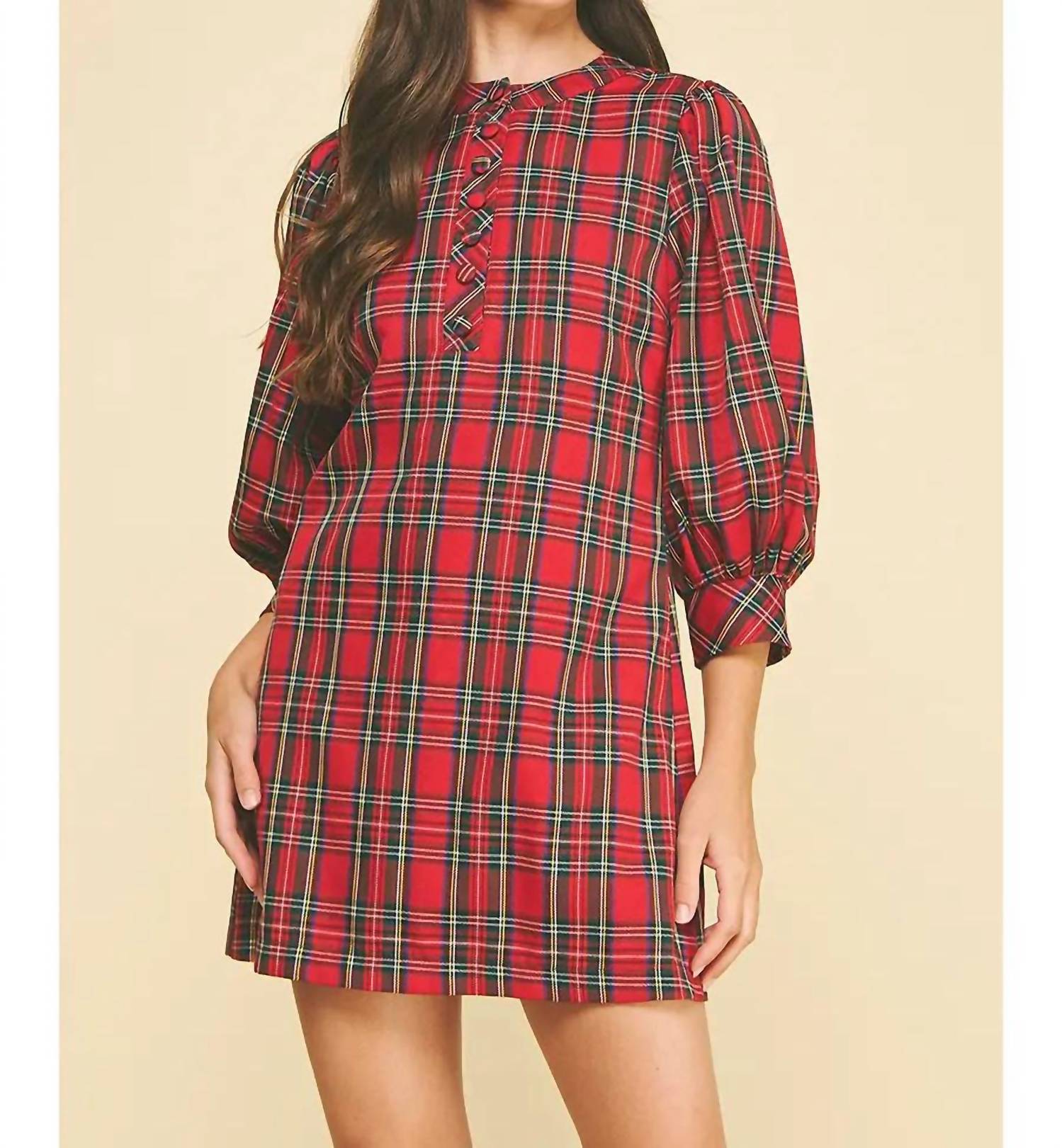PINCH Andrea Holiday Buttoned Puff Sleeve Mini Dress in red plaid - women's dress