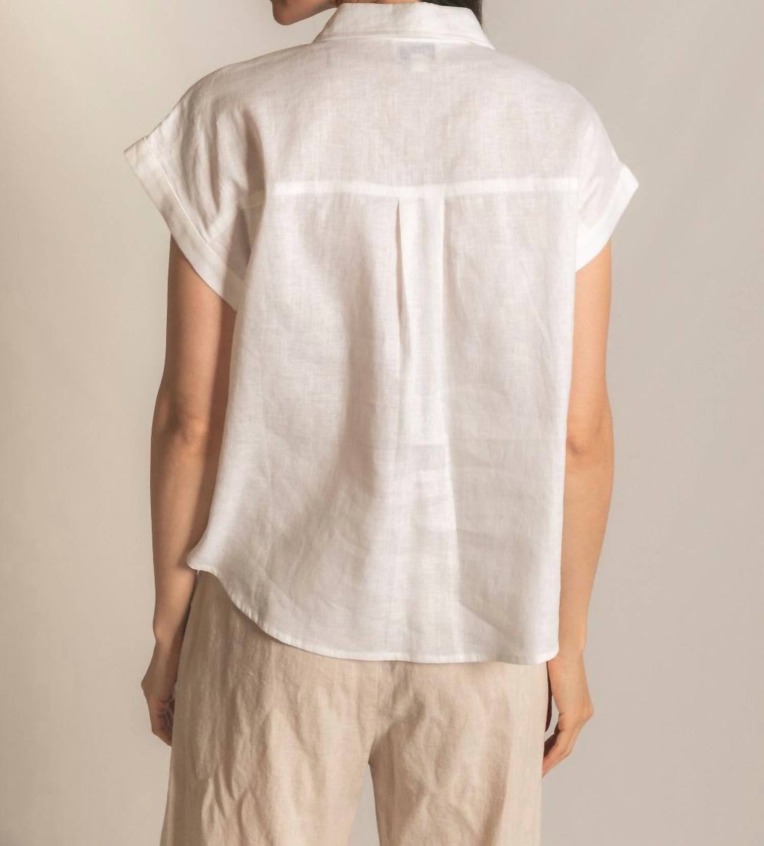 P.CILL Linen Relaxed Short Sleeve Button Up Shirt in white - women's shirt - view 5