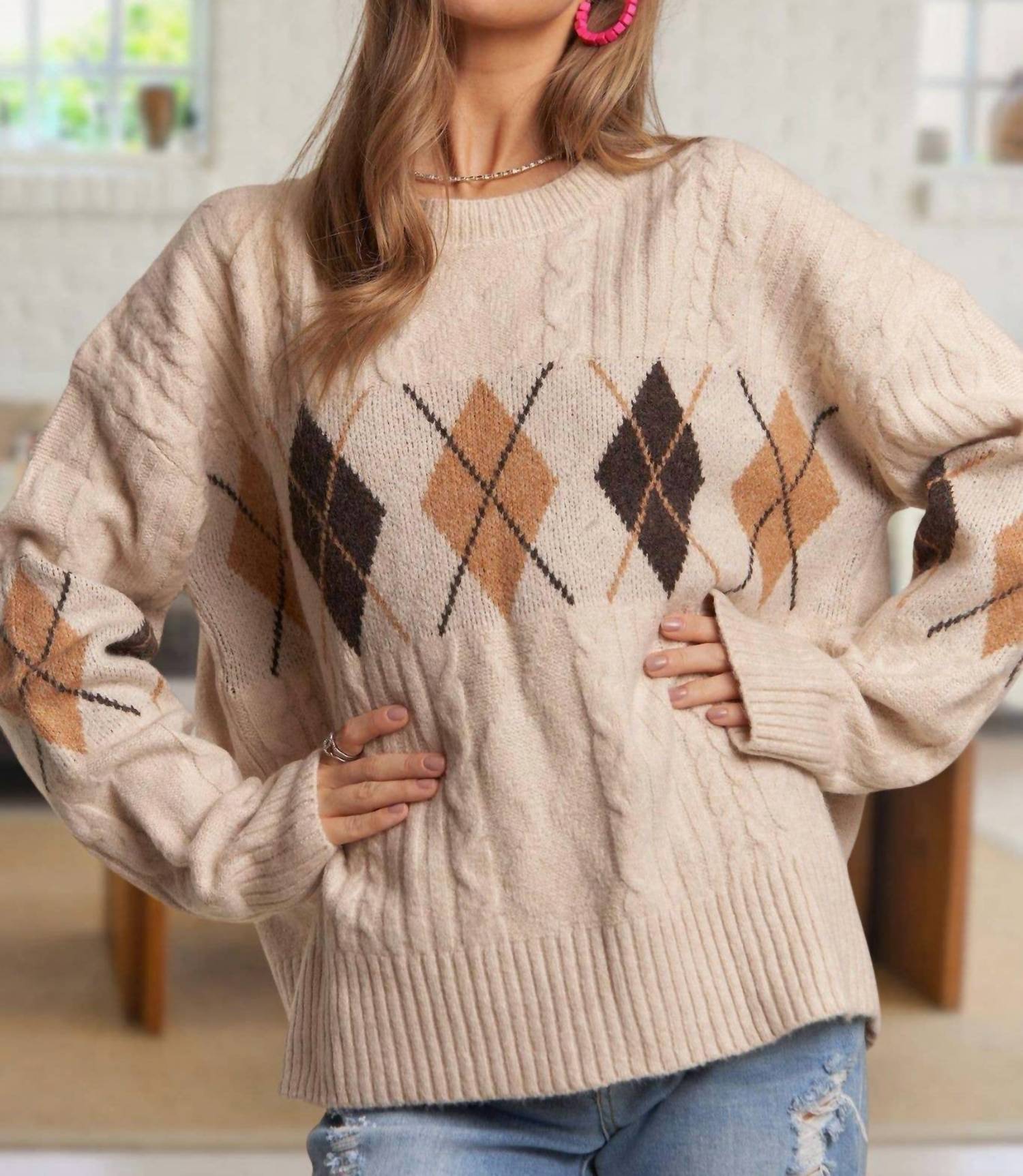 ADORA Diamond Pattern Cable Knit Sweater in oatmeal - women's sweater
