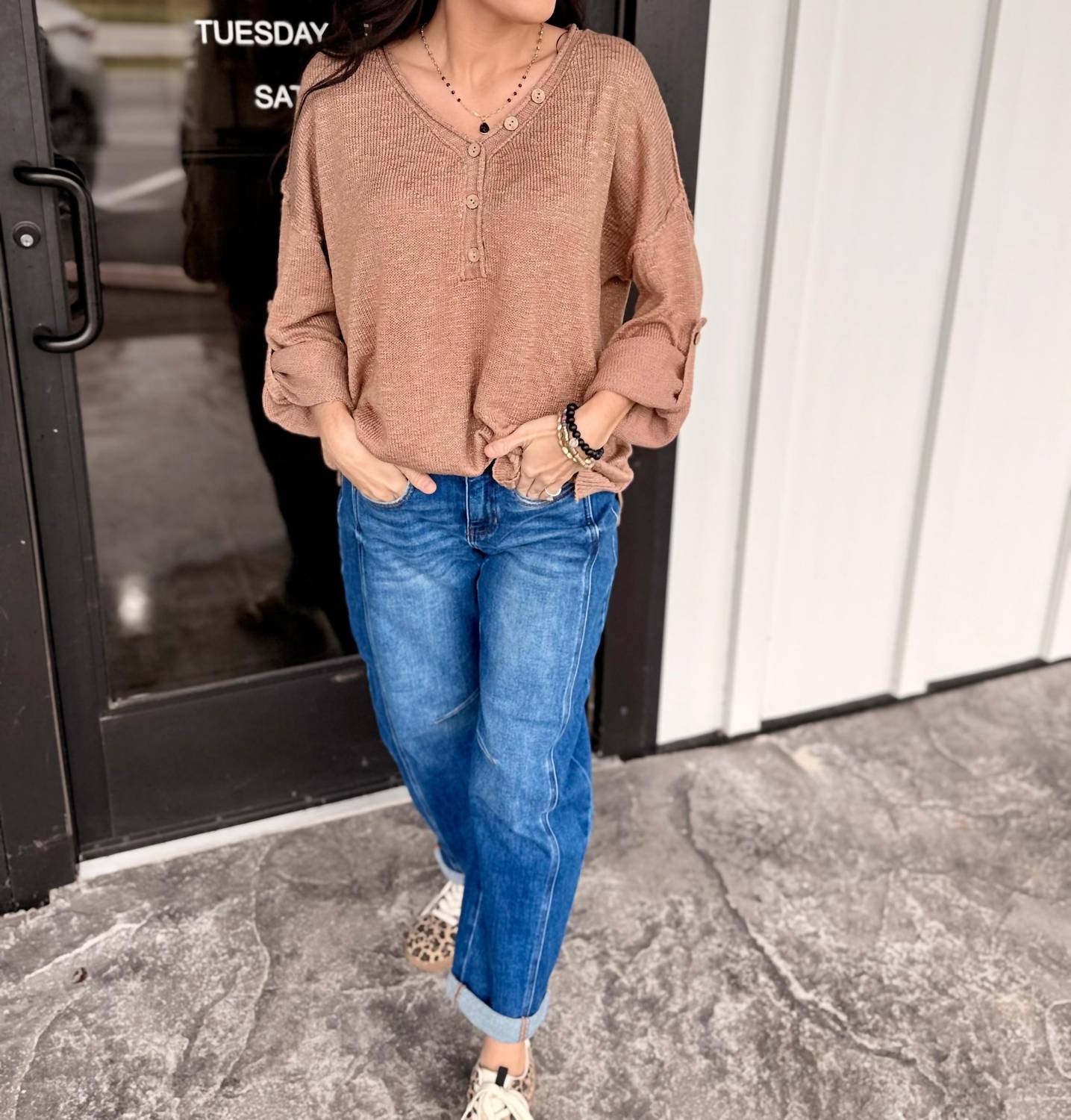 ee:some Coco Raw seamed Henley Sweater in beige - women's sweater