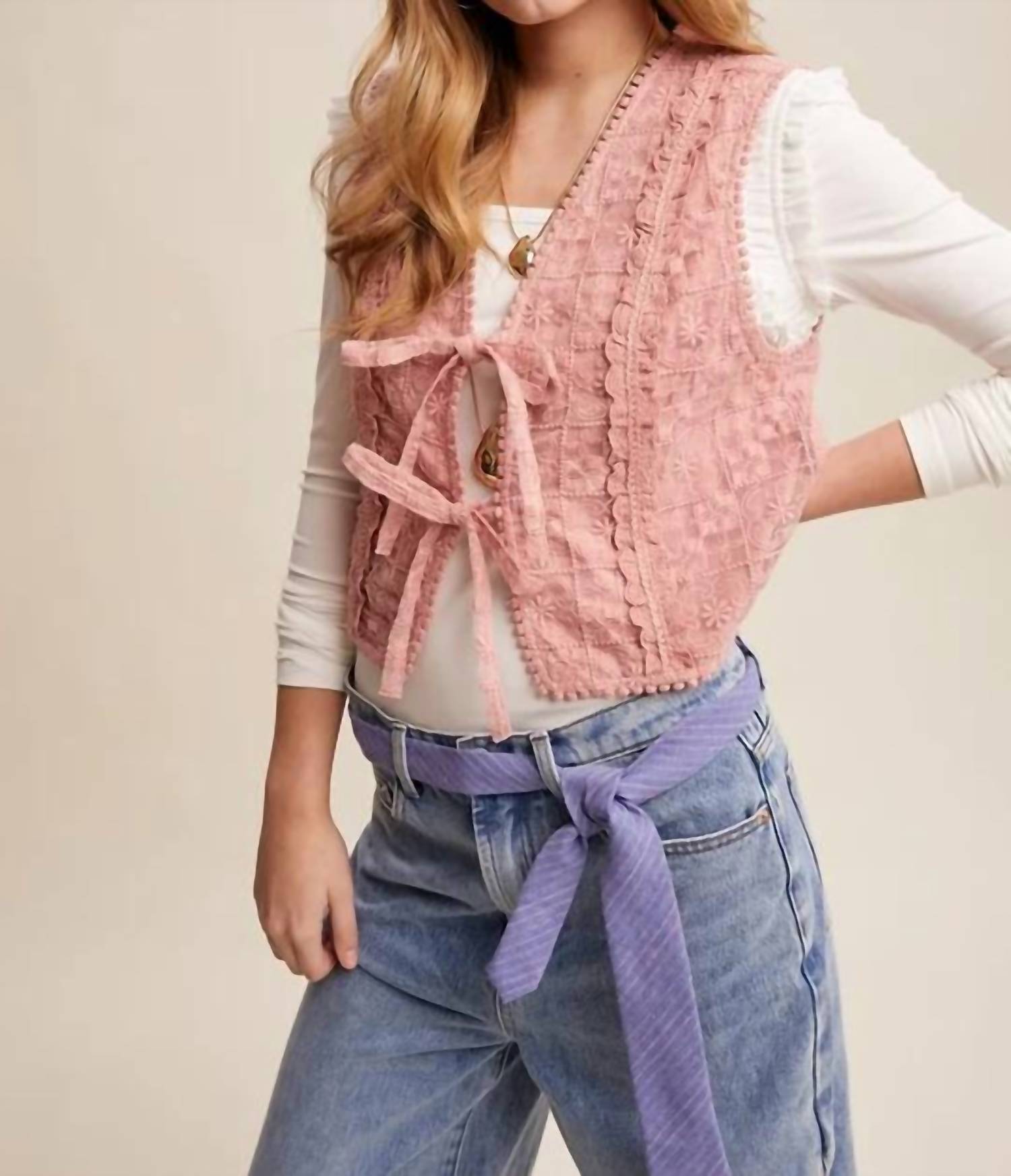 Listicle - Embroidered Lace Tie-front Vest