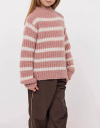 Sadie & Sage Aki High Neck Striped Sweater Top in blush ivory - kids' sweater - detail view