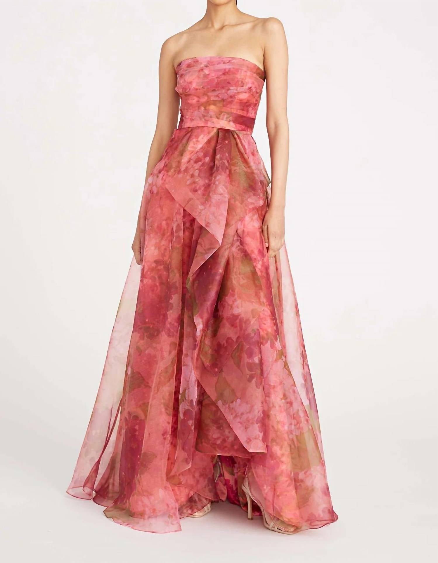THEIA Fahreta Strapless Gown in printed wisteria - women's dress