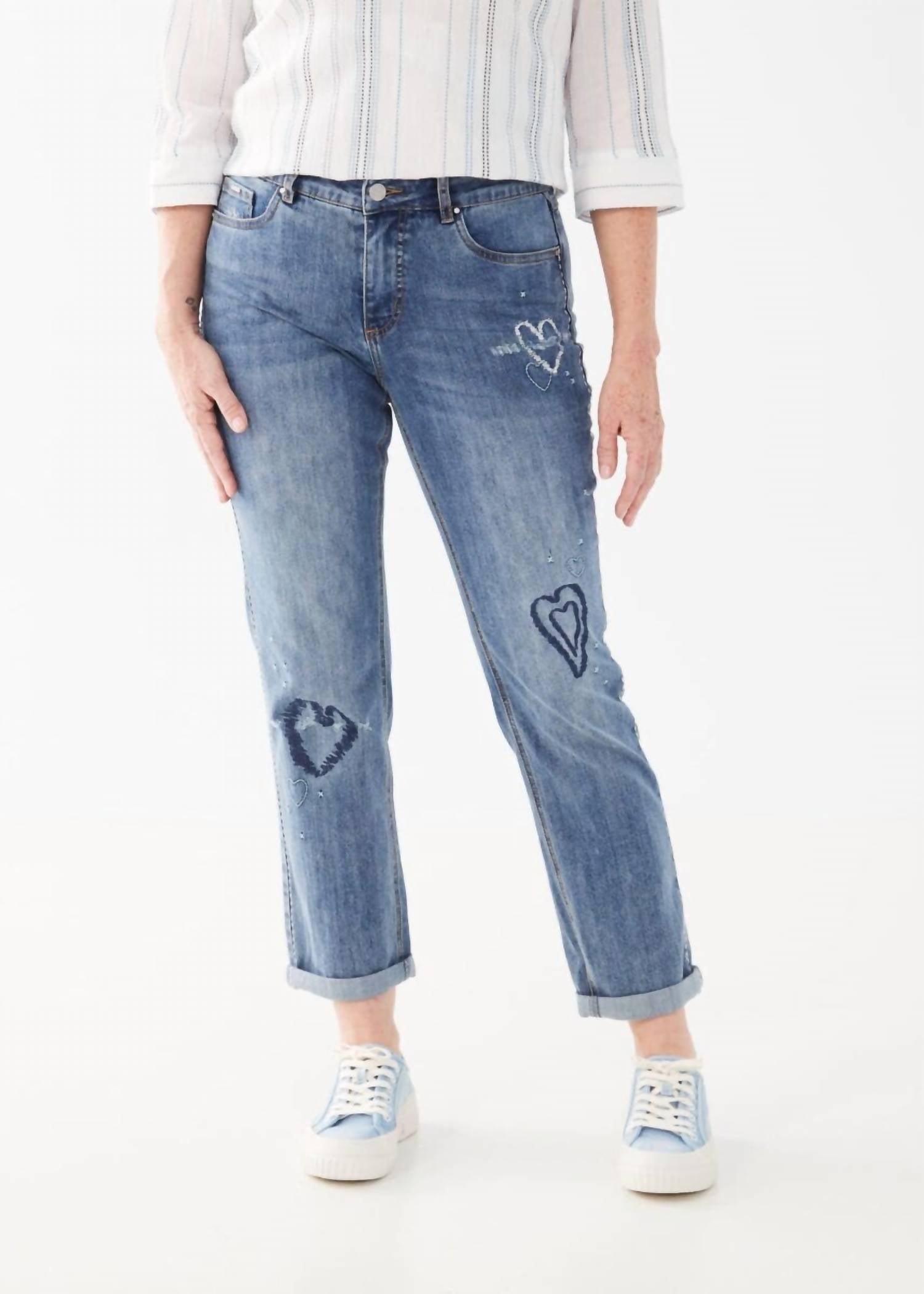 FDJ Evelyn Embroidered Hearts Girlfriend Ankle Denim Jeans in light blue - women's jeans