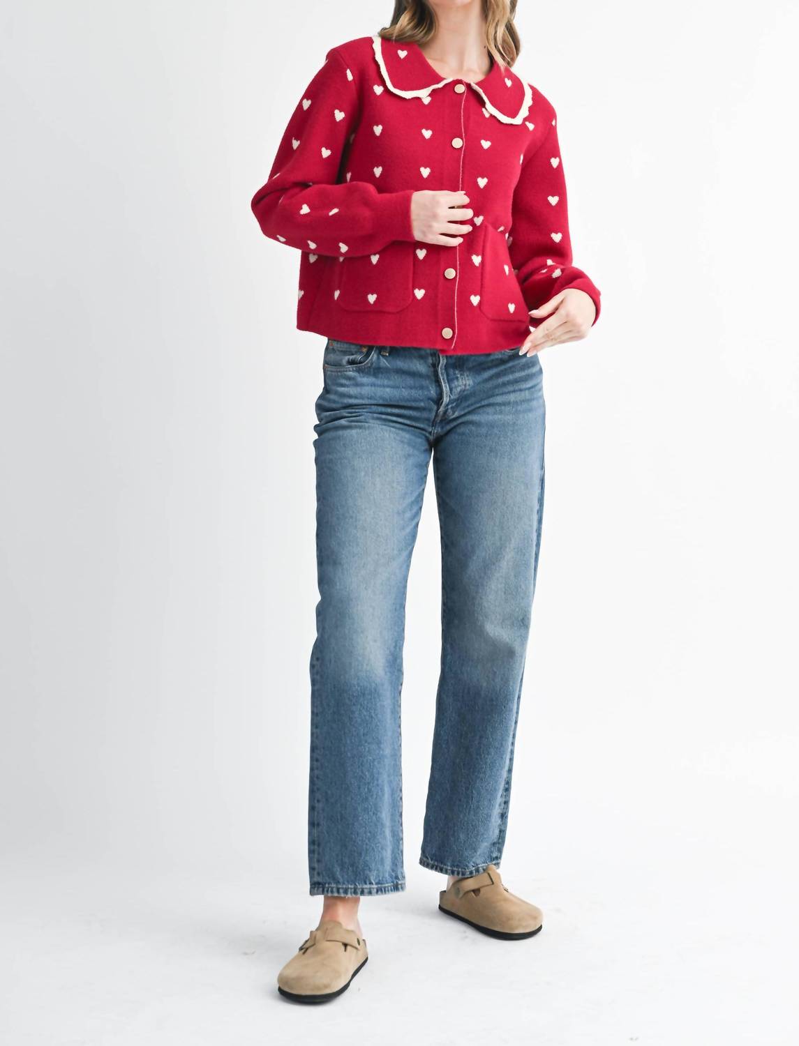 AEMI + CO Heart Pointelle Peter Pan Cardigan in red - women's cardigan - view 8