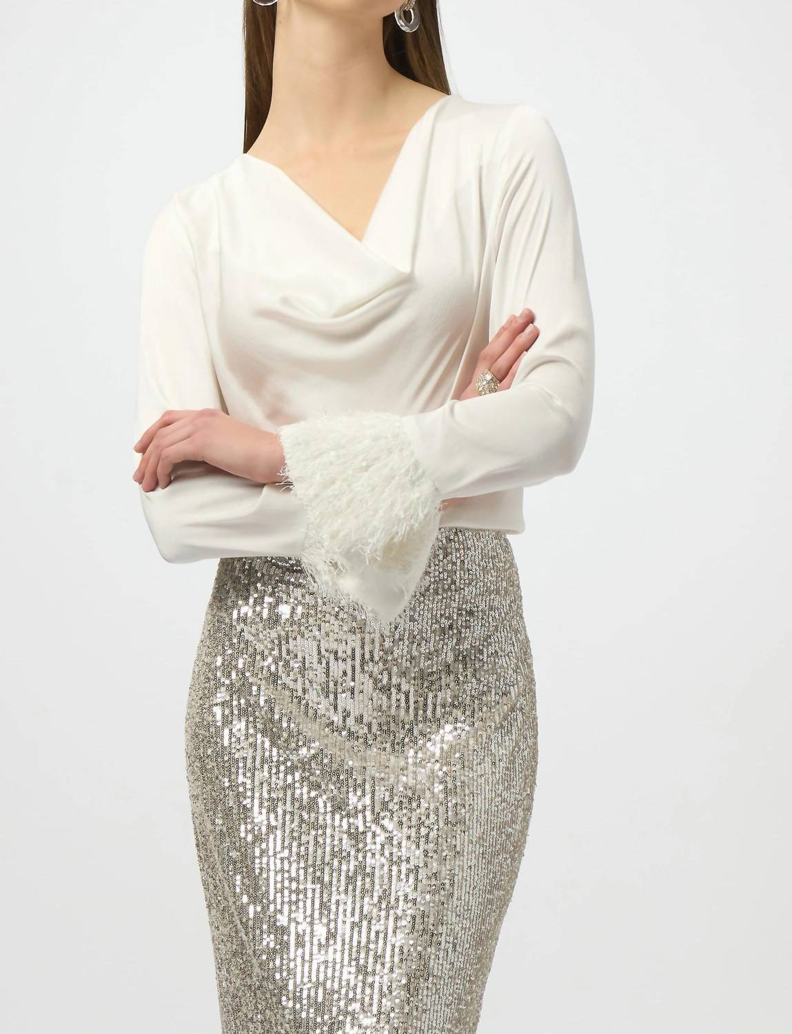 Joseph Ribkoff Cowl Neck Fringe Cuff Satin Top in winter white - women's blouse - alternate view