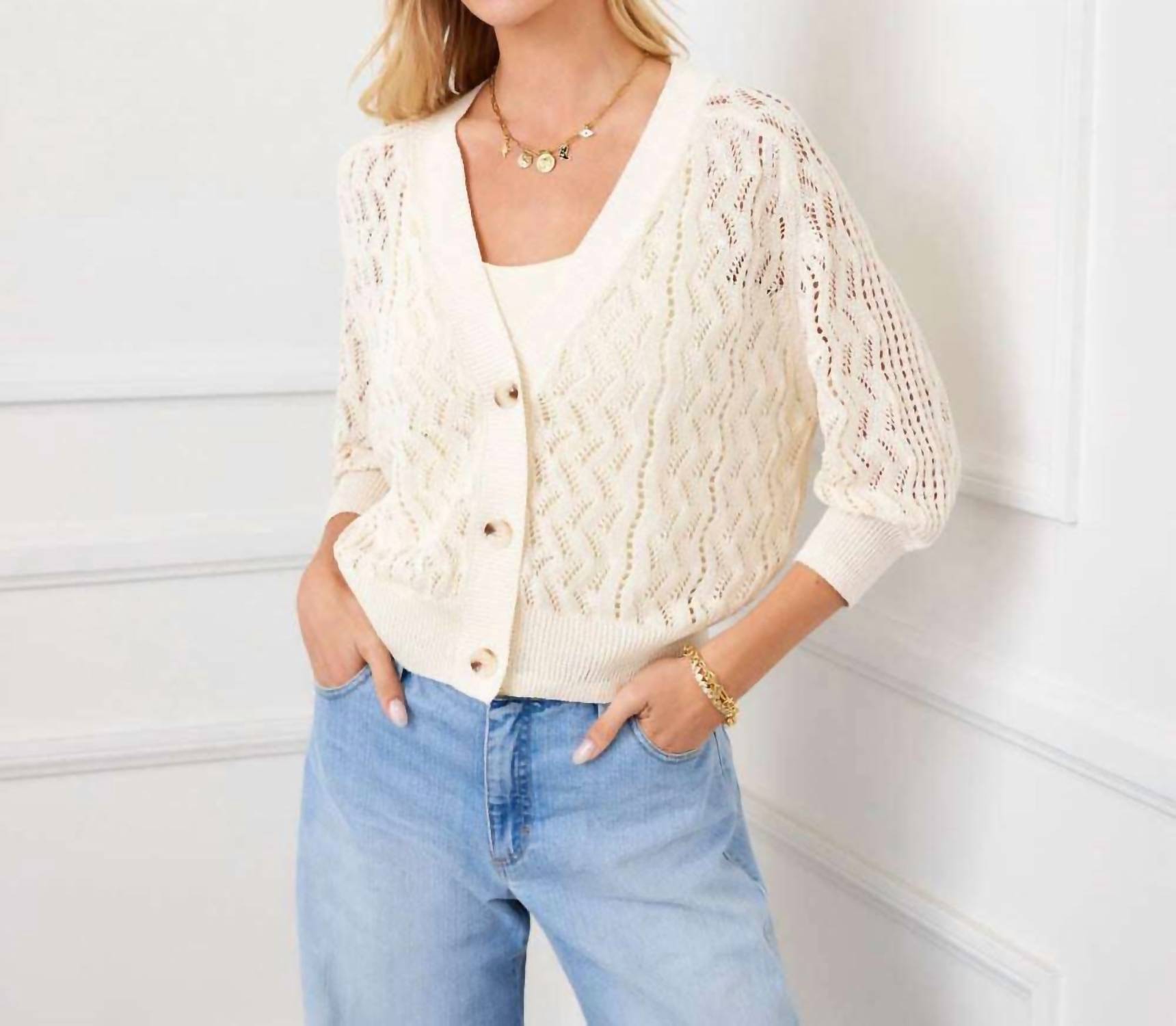 Karen Kane - Puff Sleeve Crochet Sweater Cardigan - Petite
