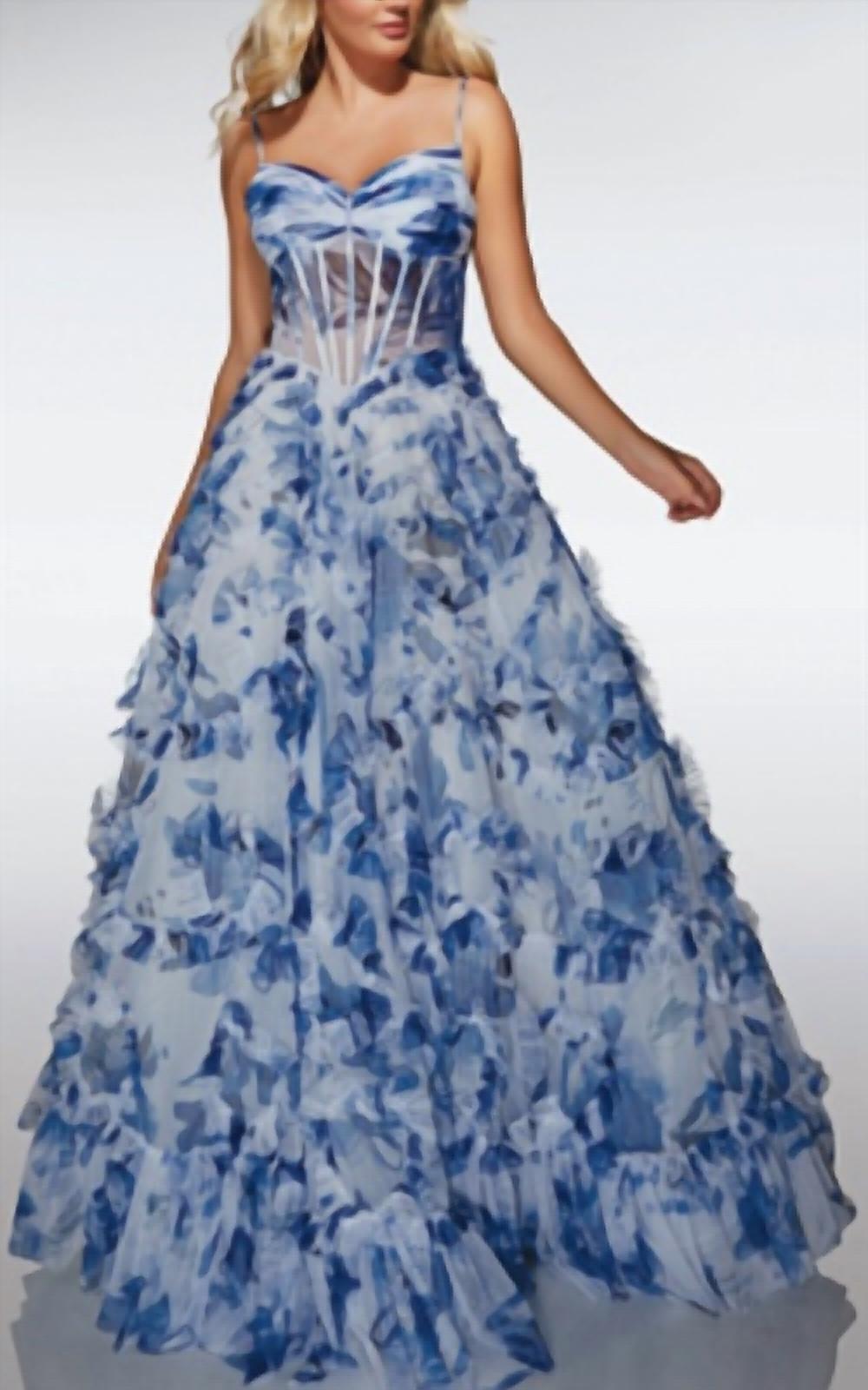 ALYCE PARIS Long Printed Ruffle Dress in blue print - women's dress