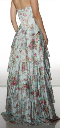 ALYCE PARIS Ruffle satin ballgown in tiffany multi - women's dress - detail view