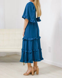 She + Sky - Bell Sleeve Square Neck Smocked Tiered Midi Dress