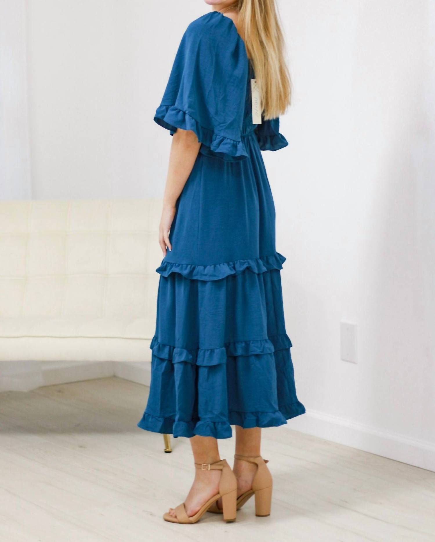 She + Sky - Bell Sleeve Square Neck Smocked Tiered Midi Dress