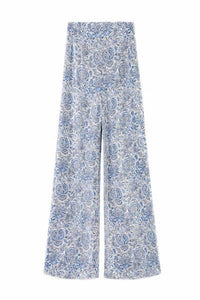 Rosewater House Raha High Waisted Wide Leg Silk Pants in blue - women's pants - detail view