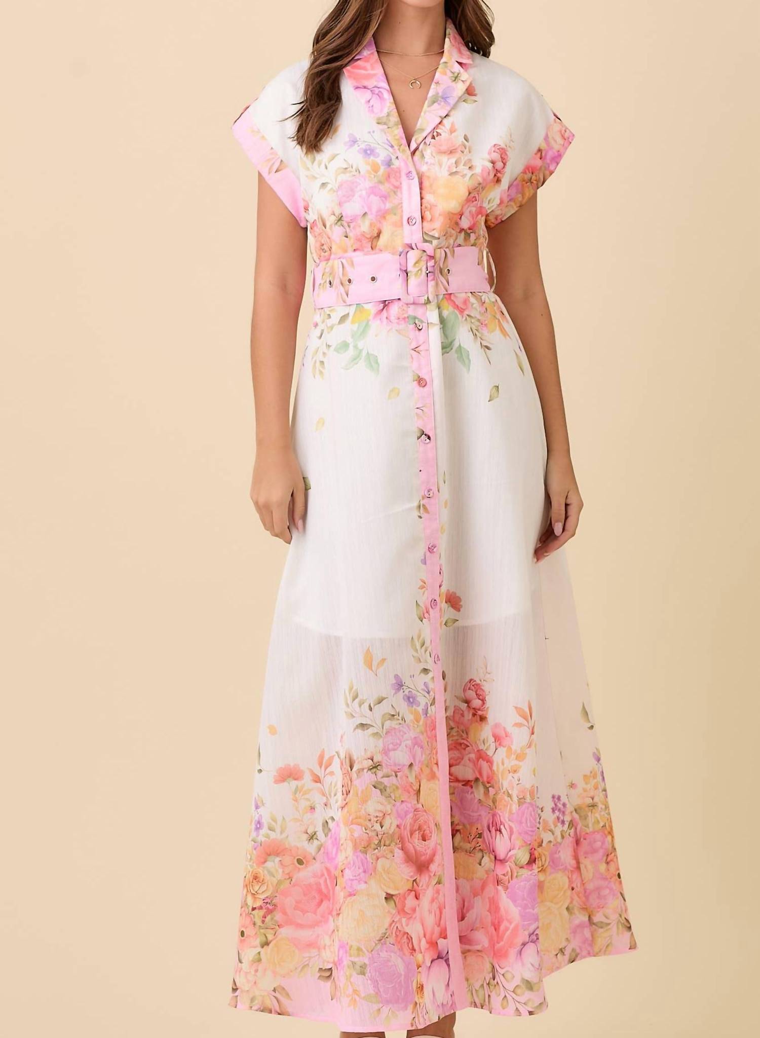Main Strip - Floral Print Lapel Collar Button Down Maxi Dress
