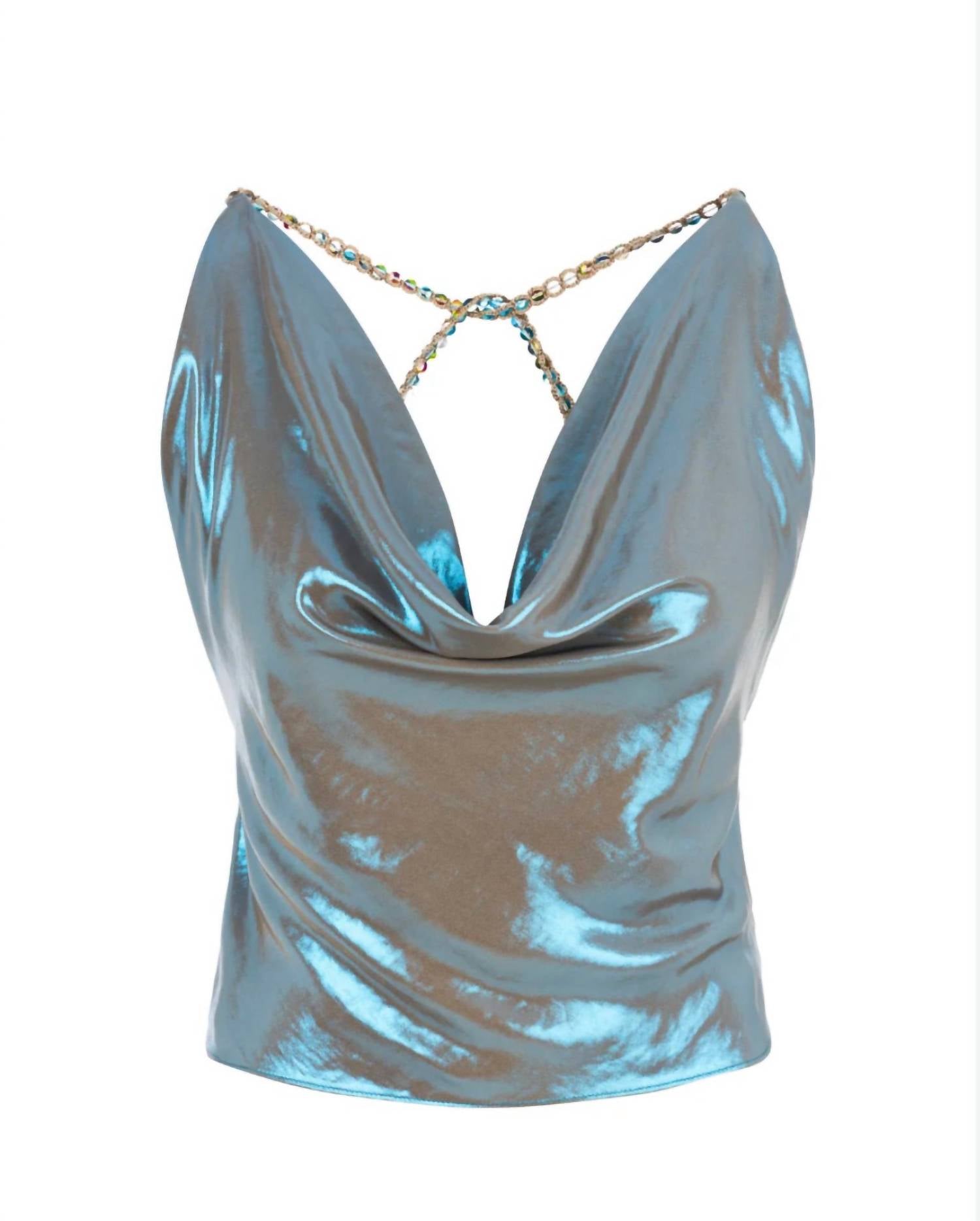 My Beachy Side Charlotte Shimmer Draped Halter Top in blue metallic - women's blouse - alternate view