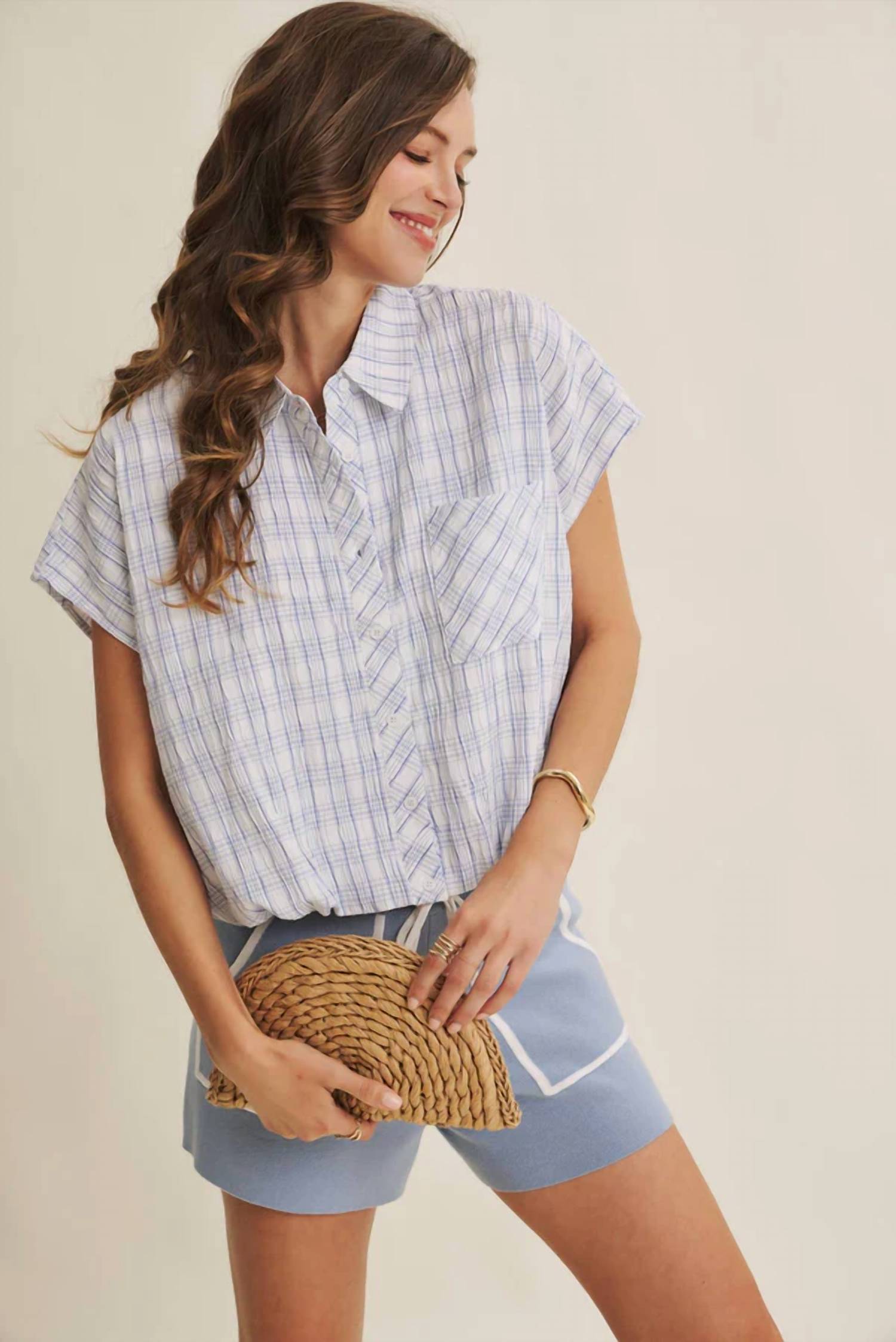 In February - Coastal Casual Crinkled Plaid Bubble Hem Top