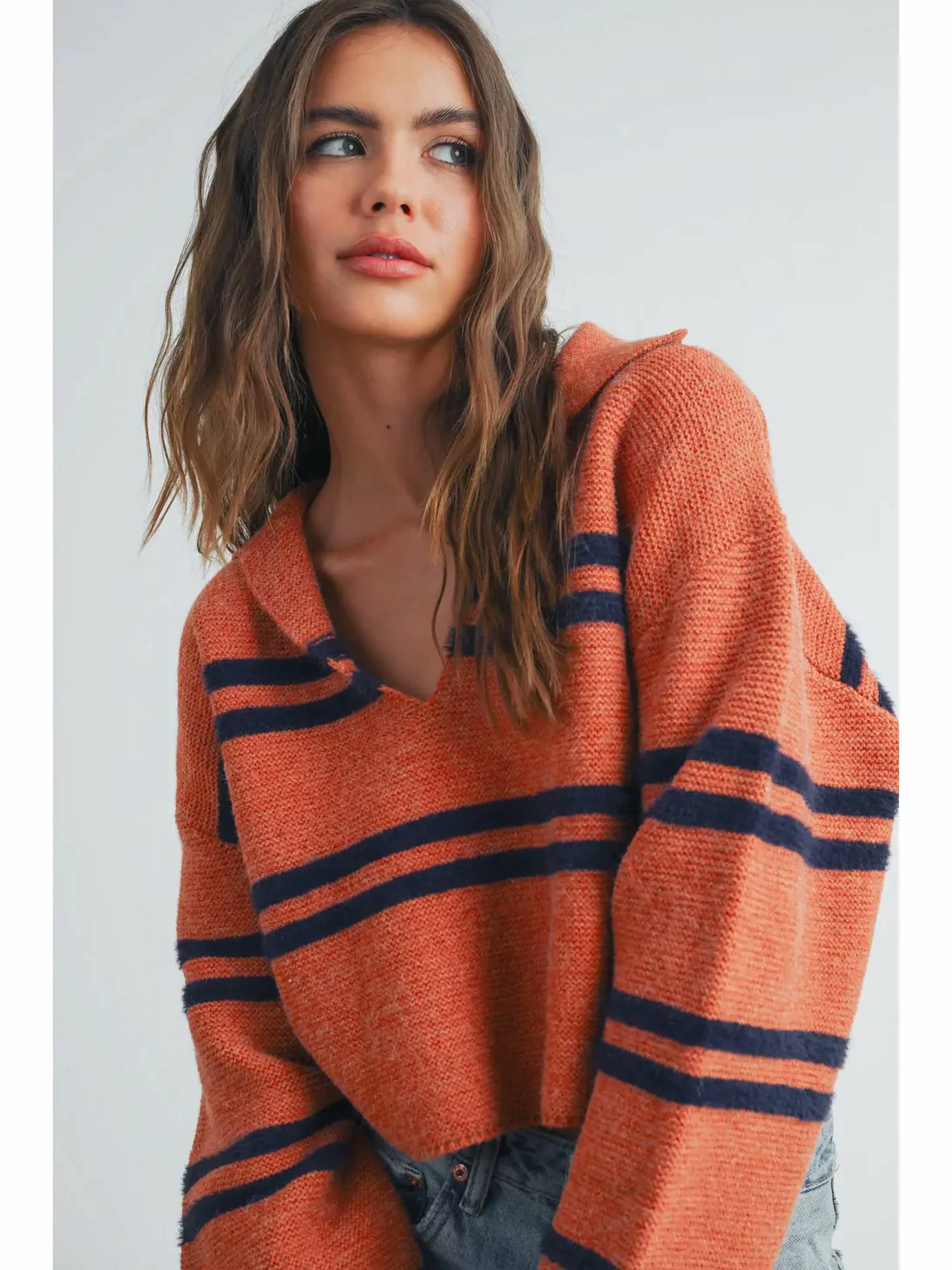 Rowan + Riot - Fuzzy Stripe Detail Johnny Collar Sweater